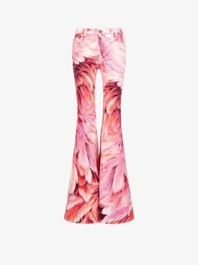 Roberto Cavalli Pink & Coral Feather-Print Wide-Leg Jeans